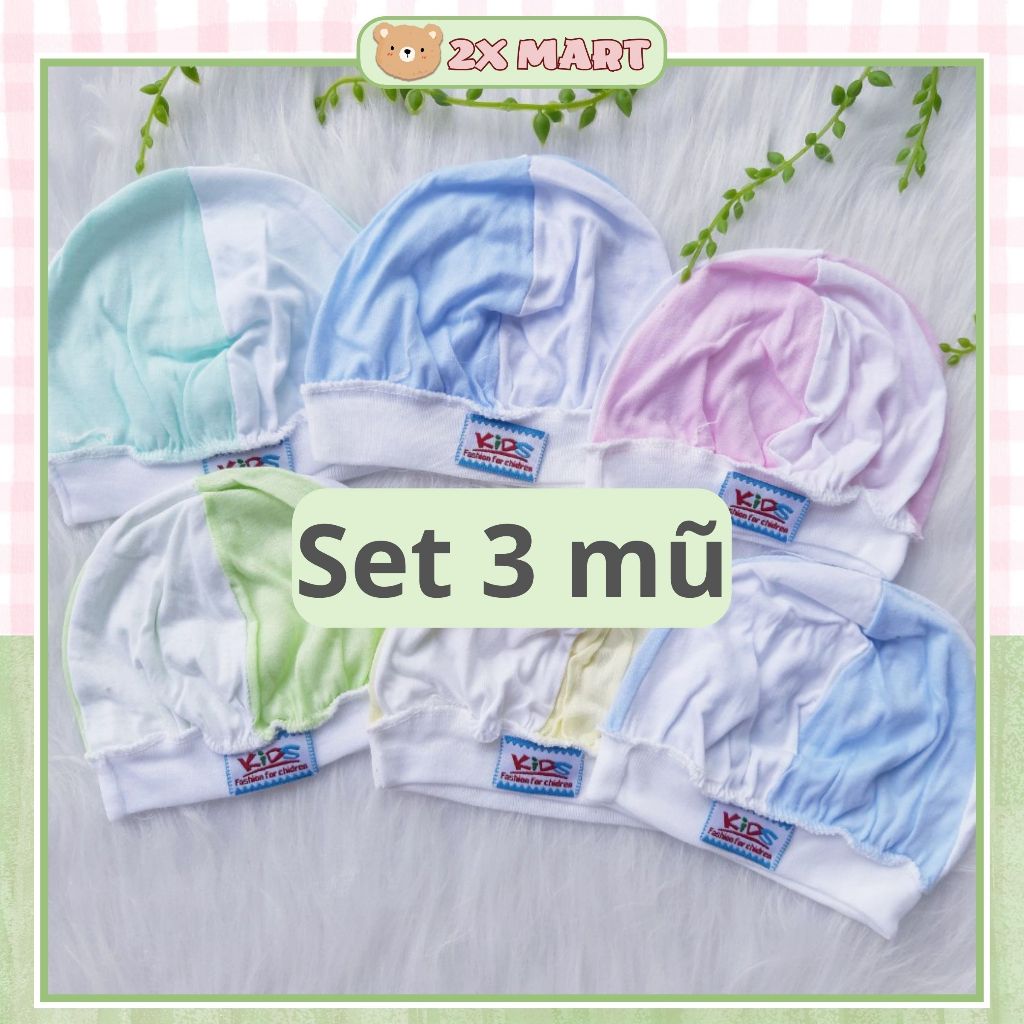 Mũ sơ sinh cho bé nón trẻ em set 3 hãng kids chất cotton mềm mát