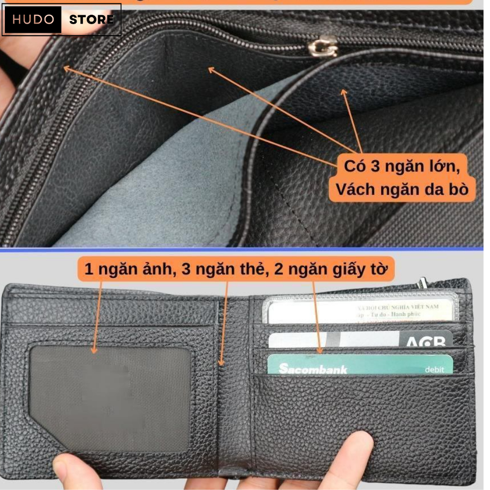 Ví da Cá Sấu HUDO 1 mặt - Ví da nam VN1PG vân gù màu đen kết hợp da bò mặt trong cao cấp