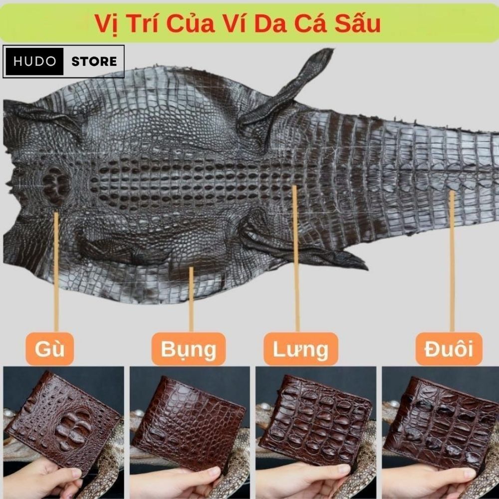 Ví da Cá Sấu HUDO 1 mặt - Ví da nam VN1PG vân gù màu đen kết hợp da bò mặt trong cao cấp