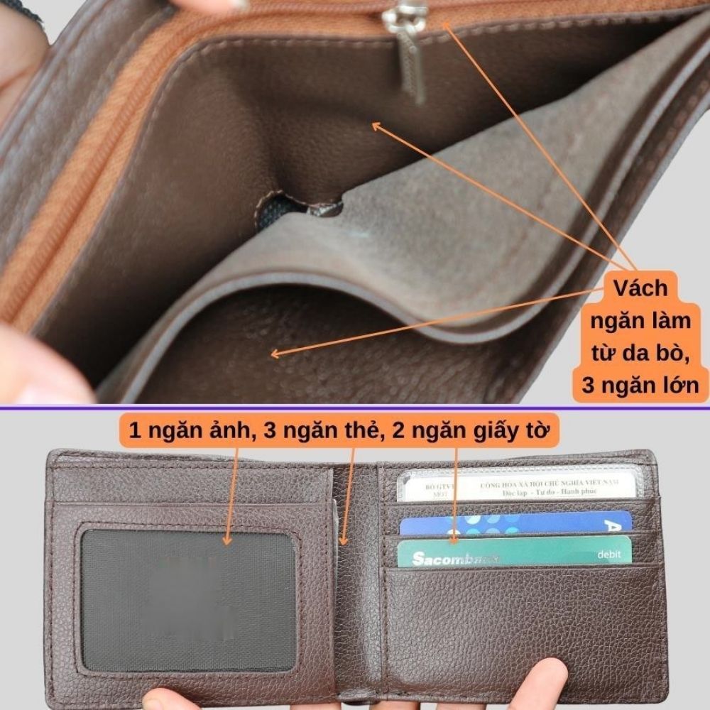 Ví da Cá Sấu HUDO 1 mặt - Ví da nam VN1PB vân bụng màu nâu kết hợp lớp trong da bò cao cấp