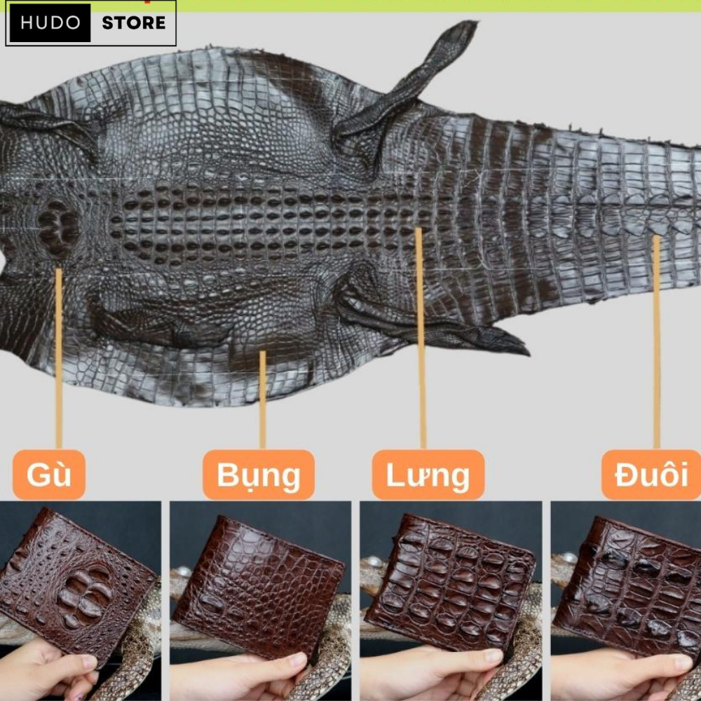 Ví ngang da Cá Sấu HUDO 1 mặt - Ví da nam VN1PB vân bụng màu đen kết hợp da bò mặt trong cao cấp