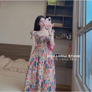 Đầm maxi thời trang mặc đi chơi chất vải voan in hoa chạy smocking trước sau,