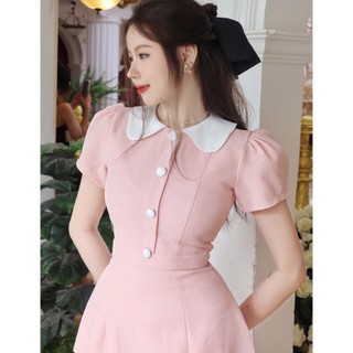 Đầm hồng dự tiệc sang trọng chữ a tay ngắn thanh lịch thiết kế công sở cao cấp Lux W Fashion Hồng linen cổ trắng