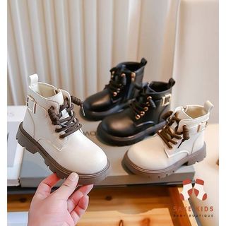 Giày bốt cao cổ cho bé trai bé gái - Bốt trẻ em da mềm mại đế cao su chống trơn dây buộc phối móc khóa dễ thương A28