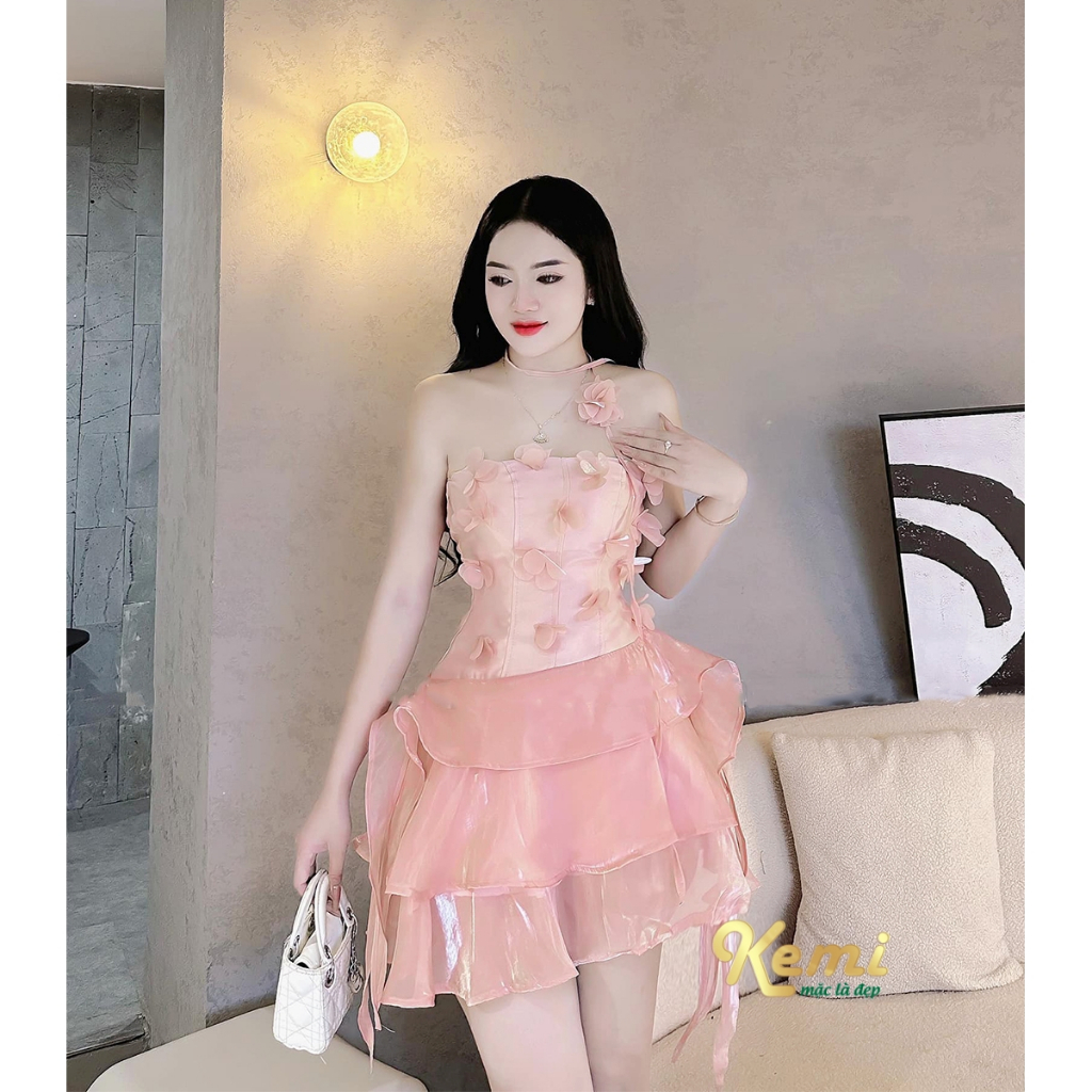 Váy cúp ngực đầm xòe tầng công chúa đính hoa kèm dây choker hoa voan xinh xắn Kemi