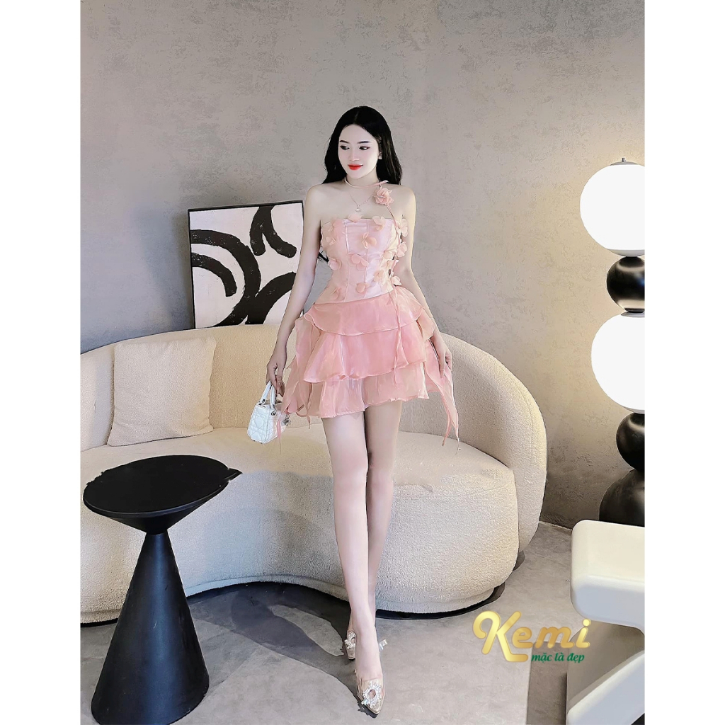 Váy cúp ngực đầm xòe tầng công chúa đính hoa kèm dây choker hoa voan xinh xắn Kemi