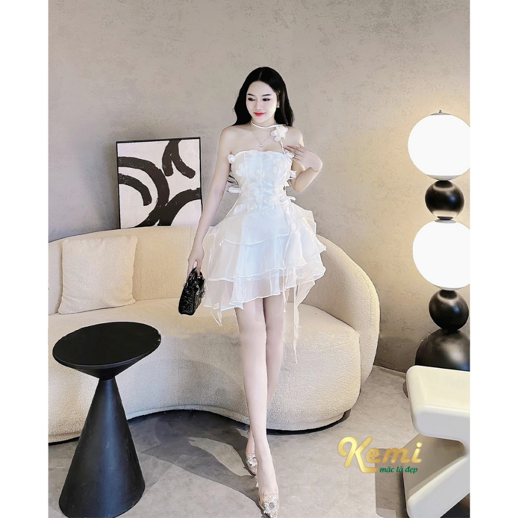 Váy cúp ngực đầm xòe tầng công chúa đính hoa kèm dây choker hoa voan xinh xắn Kemi