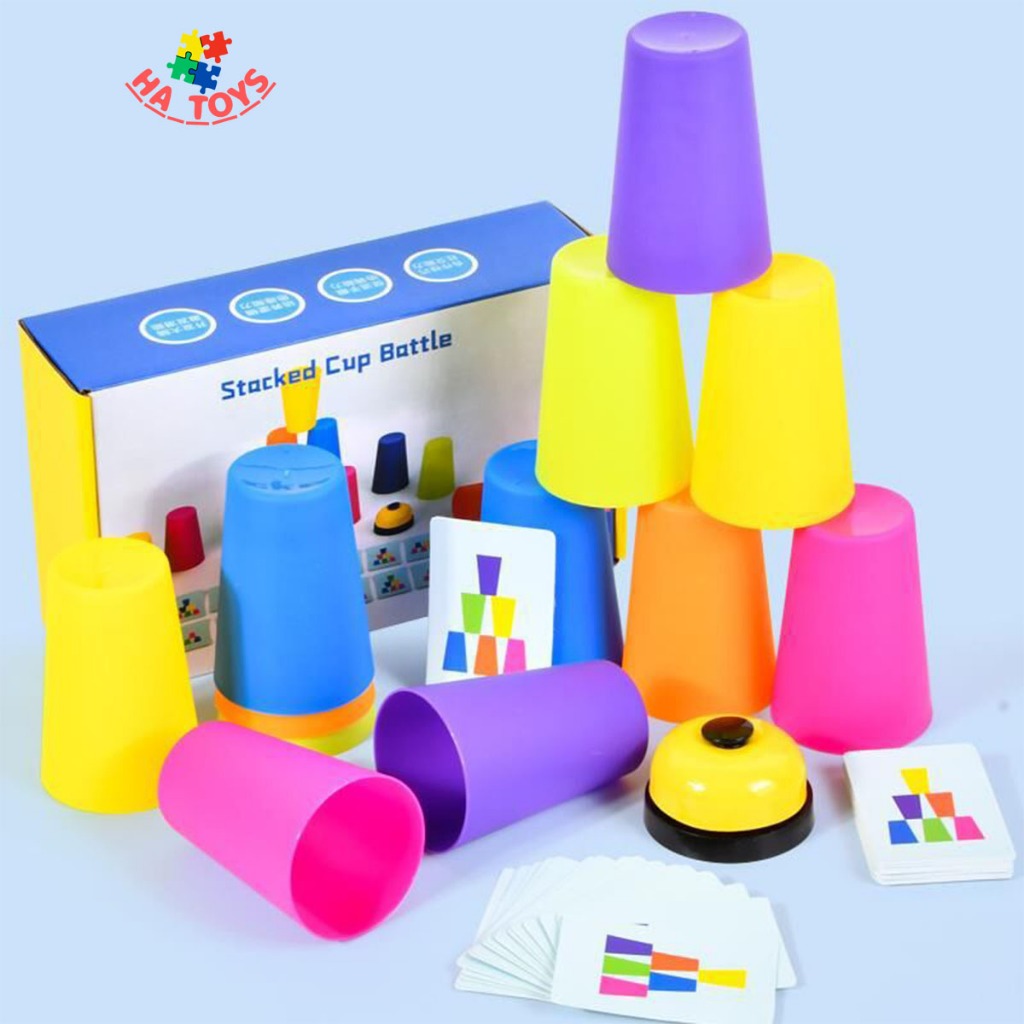 Trò chơi tương tác xếp hình cốc theo thẻ sắc màu HT1011, đồ chơi thông minh rèn khả năng quan sát và thao tác của tay