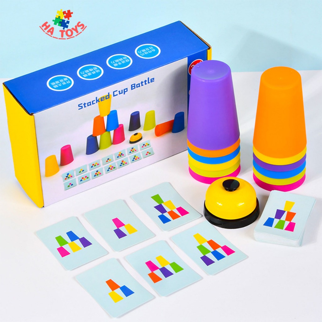 Trò chơi tương tác xếp hình cốc theo thẻ sắc màu HT1011, đồ chơi thông minh rèn khả năng quan sát và thao tác của tay