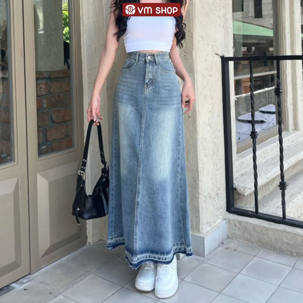 Chân váy jean VM Shop dáng dài form chữ A lưng cao lai kiểu thời trang nữ 324 CVJ00054