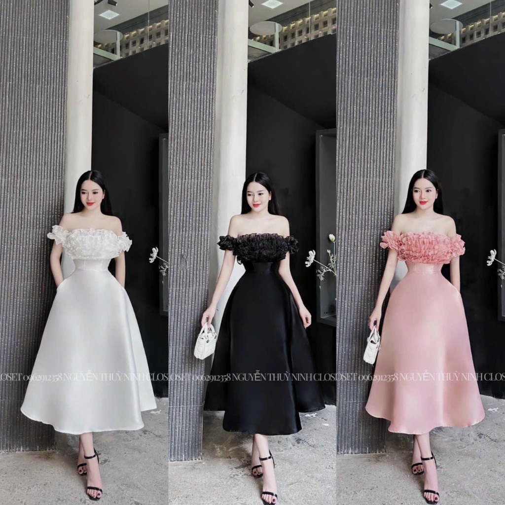 Đầm váy nữ dáng xòe công chúa họa tiết trễ vai xòe bèo voan tơ sang trọng quý phái dự tiệc xinh xắn