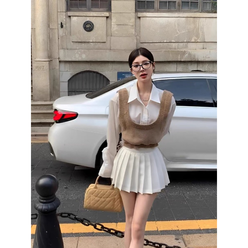 Áo sơ mi phối ghile,áo len liền sơ mi tay dài,áo len ghile mix sơ mi thời trang thu đông