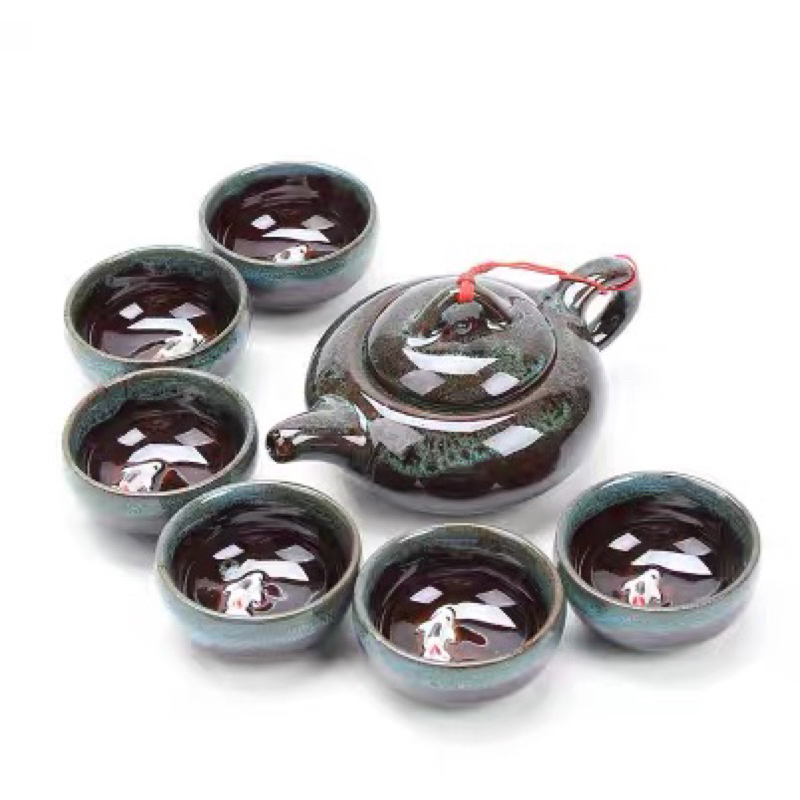 Ấm chén kiến trản nhỏ men hoả biến 1 ấm 6 chén trà kèm hộp đựng Huydecor