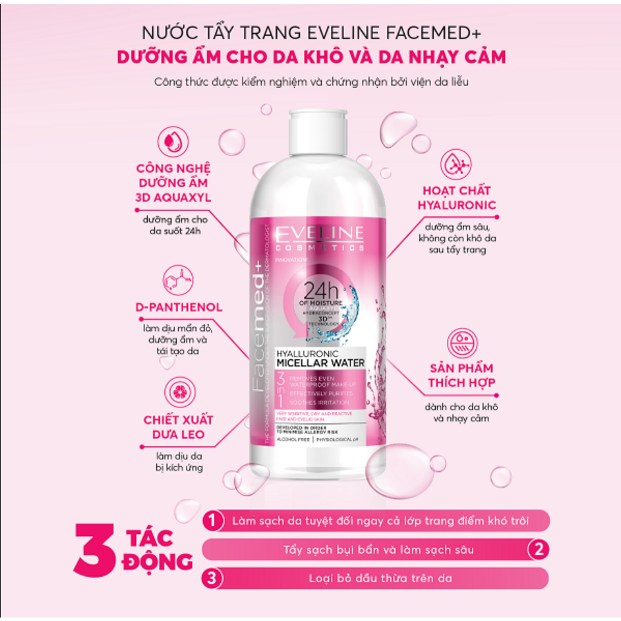 Nước tẩy trang không cồn dành cho da nhạy cảm Eveline Facemed+ dưỡng ẩm da 400ml