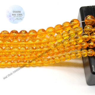 Dây đá hạt tròn tây tạng - màu vàng - khắc chữ omani - charm phụ kiện xâu, phối vòng tay, chuỗi hạt phong thủy may mắn