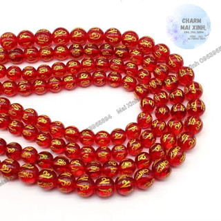 Dây đá hạt tròn tây tạng - màu đỏ - khắc chữ omani - charm phụ kiện xâu, phối vòng tay, chuỗi hạt phong thủy may mắn