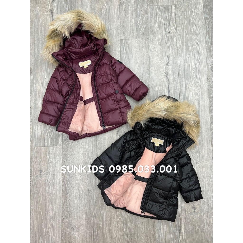 Áo phao bé gái MK dáng dài mũ lông