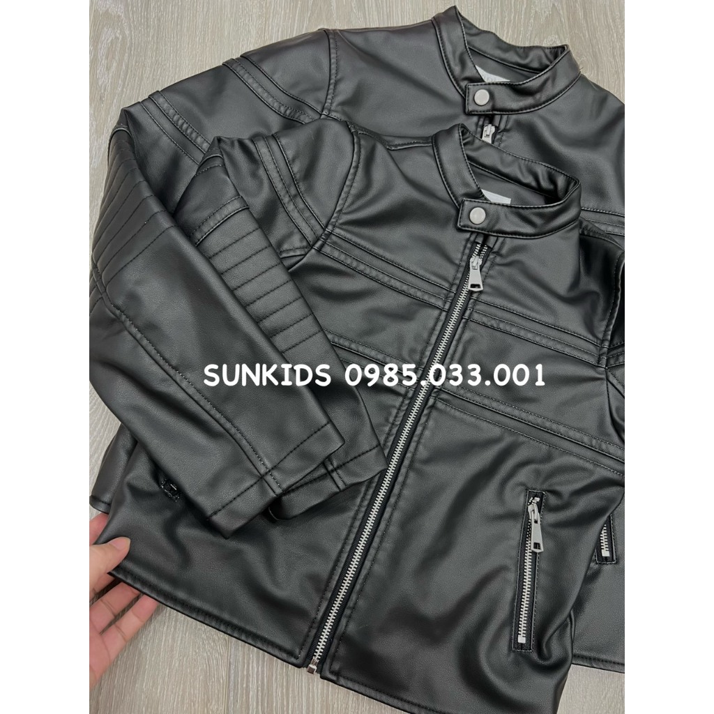 Áo khoác da bé trai bé gái Đen phối Bạc màu dòng size lớn