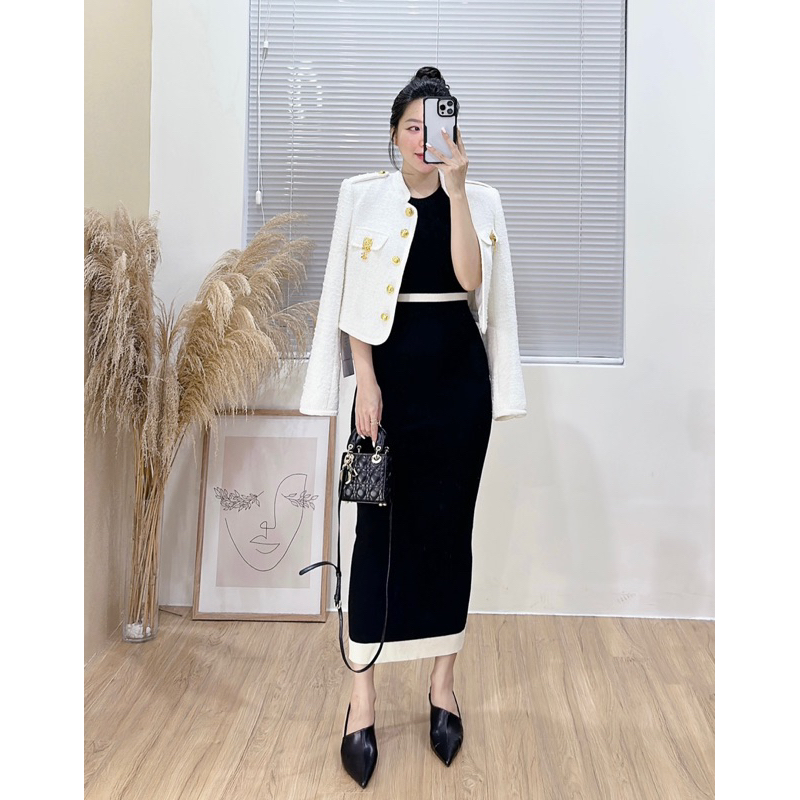 Váy len body kẻ viền