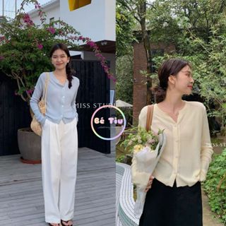 Áo Khoác Len Cardigan Mỏng Thu Đông, Áo Len Dệt Kim Tay Dài Dáng Lỡ Cổ V Dễ Phối Đồ Hàng Qccc Phong Cách Hàn Quốc Bé Tiu