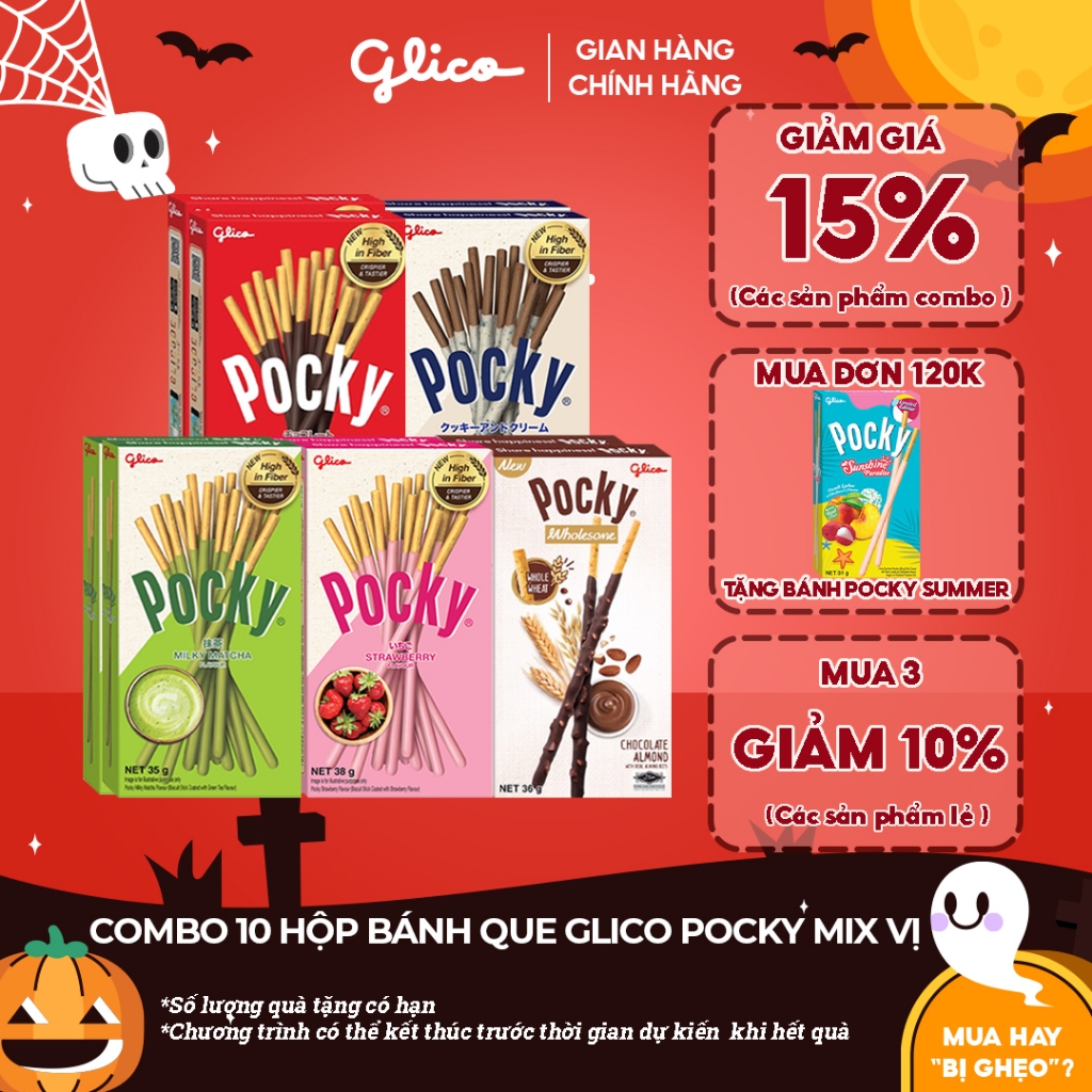 Combo 10 hộp Bánh que Glico Pocky nhiều vị (2 Socola - 2 Dâu - 2 Cookie & Cream - 2 Matcha - 2 Double Choco)