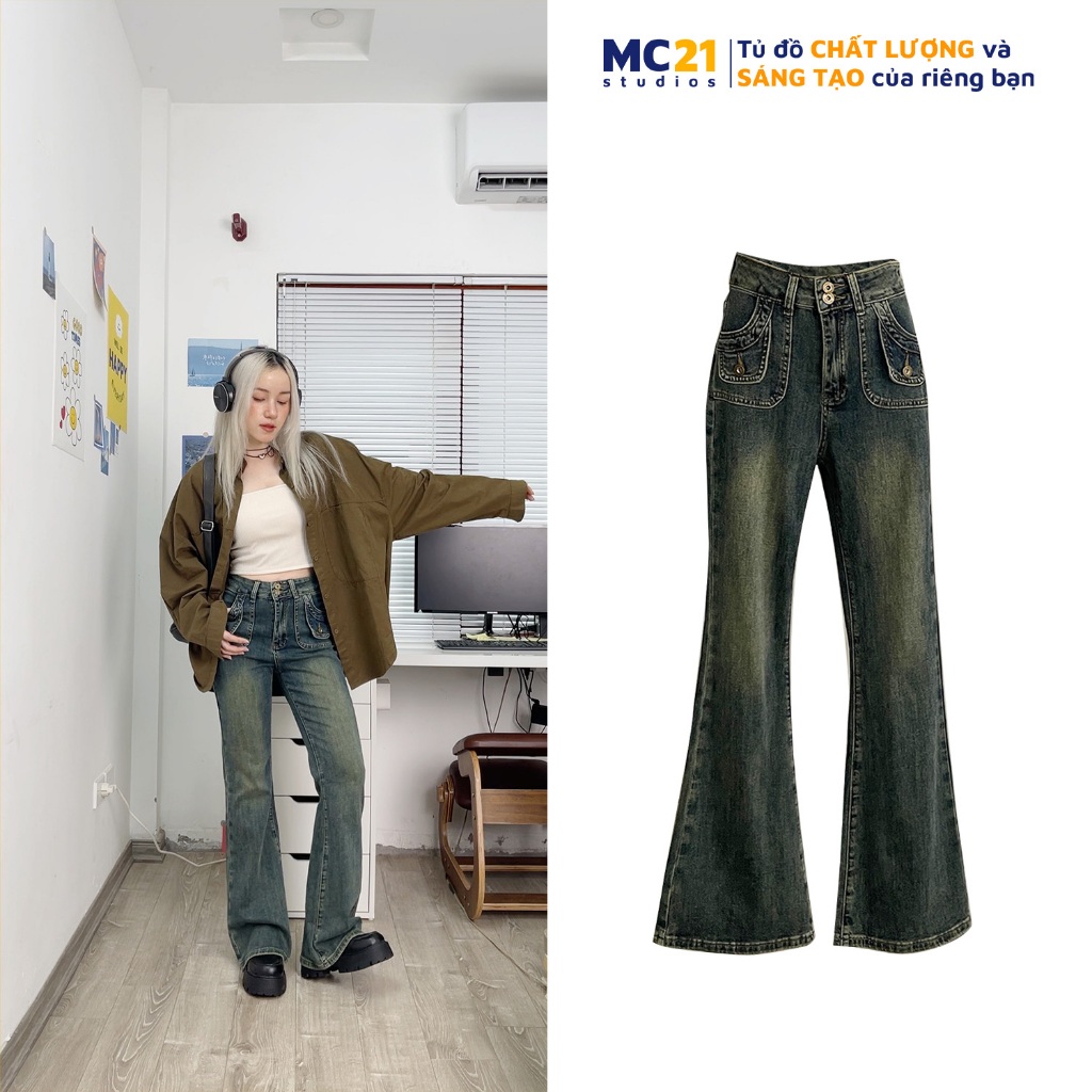 Quần jeans nữ suông ống loe MINION CLOTHING lưng cạp cao dáng đứng Ulzzang Streetwear Hàn Quốc Q3704