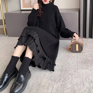 (ORDER-sẵn trắng, đen) Váy len xoắn thừng dáng suông dài phối viền đuôi cá 2 tầng điệu đà nhiều màu Hàn Quốc