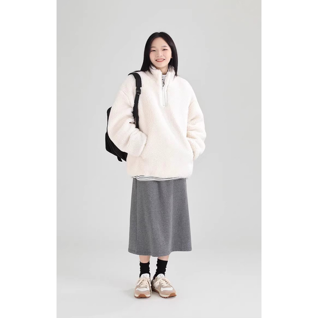 Áo khoác zip lông cừu Dessuu phong cách retro cho nữ