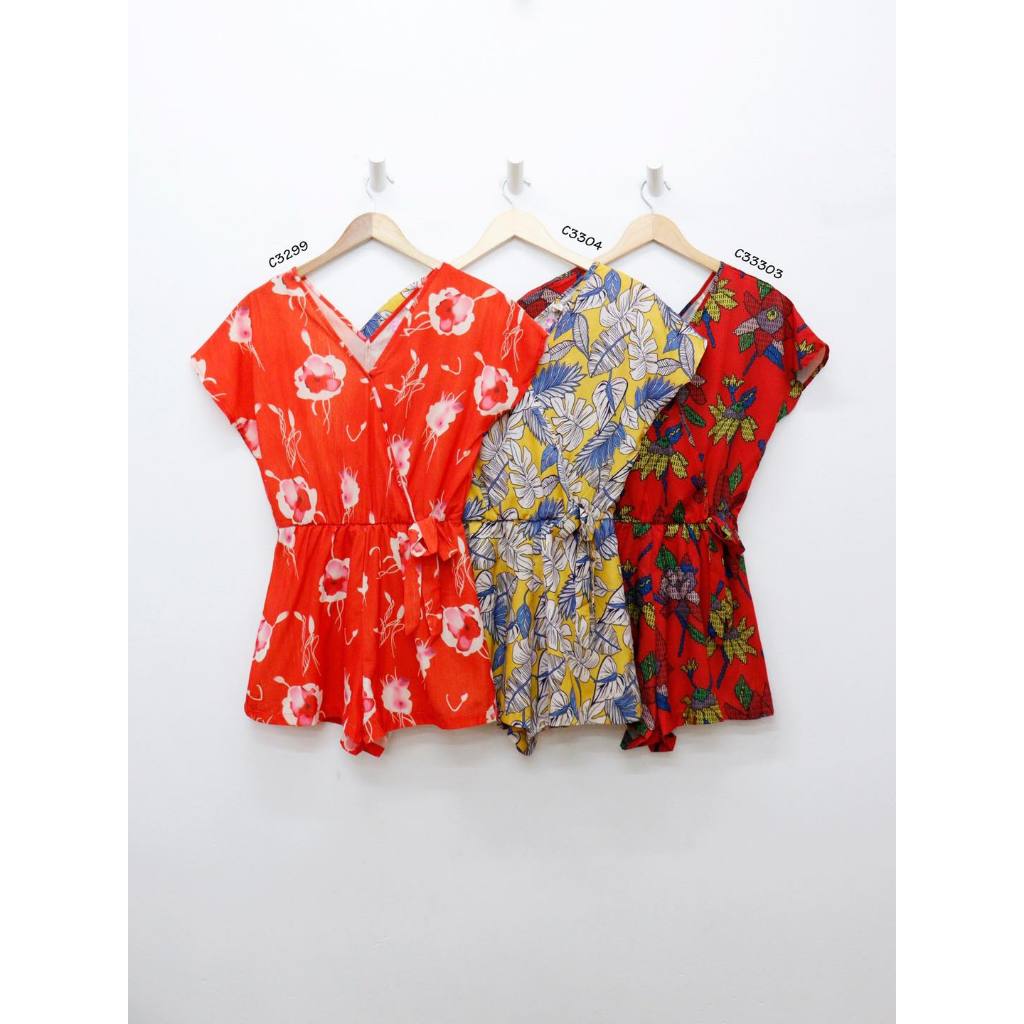 C3299, C3303 & C3304 - Romper đắp chéo in lá cột nơ eo