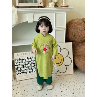 set áo dài bé gái chất Nhung thêu hoa ngực cực xinh