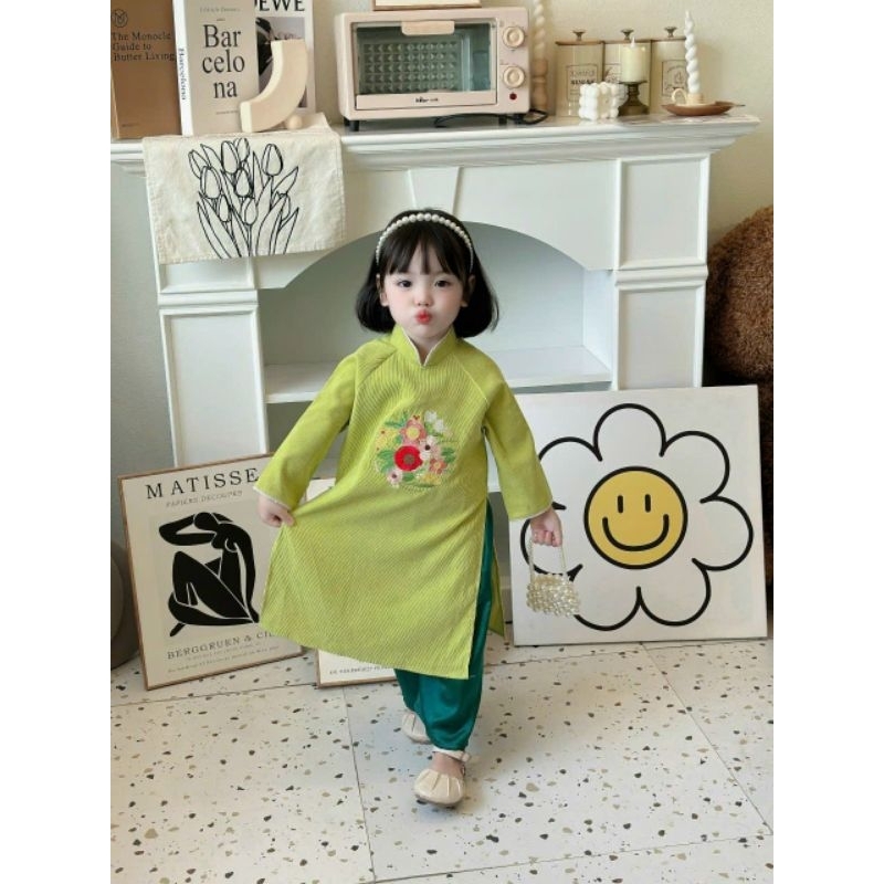 Set áo dài bé gái chất Nhung thêu hoa ngực cực xinh