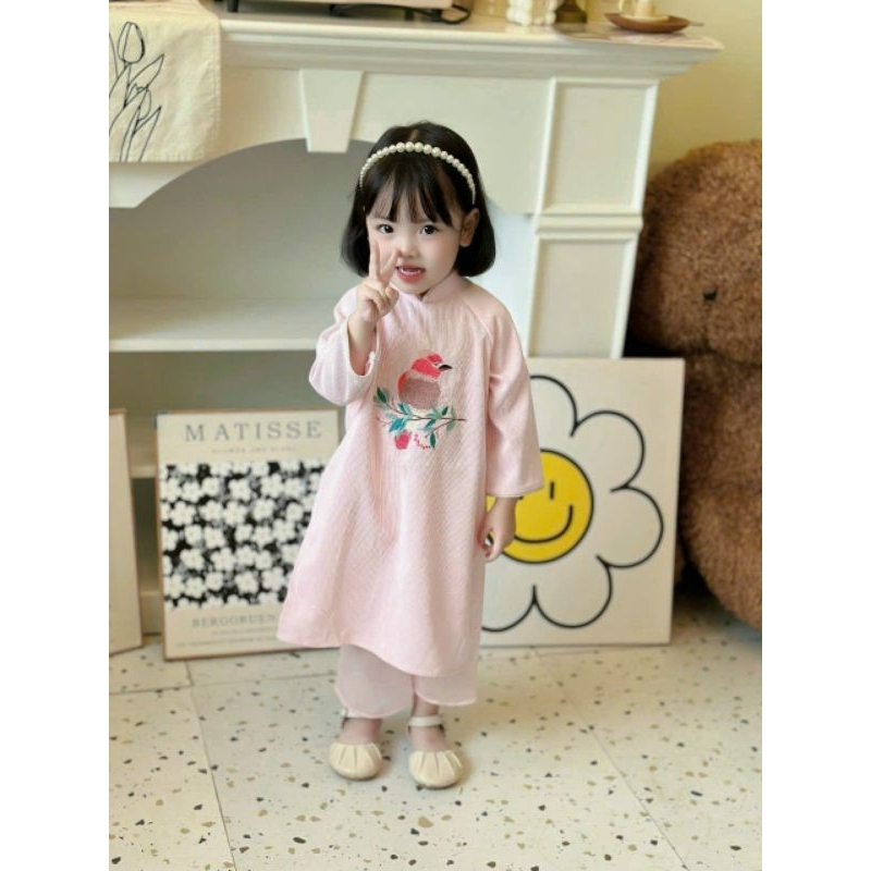 Set áo dài bé gái chất Nhung thêu hoa ngực cực xinh