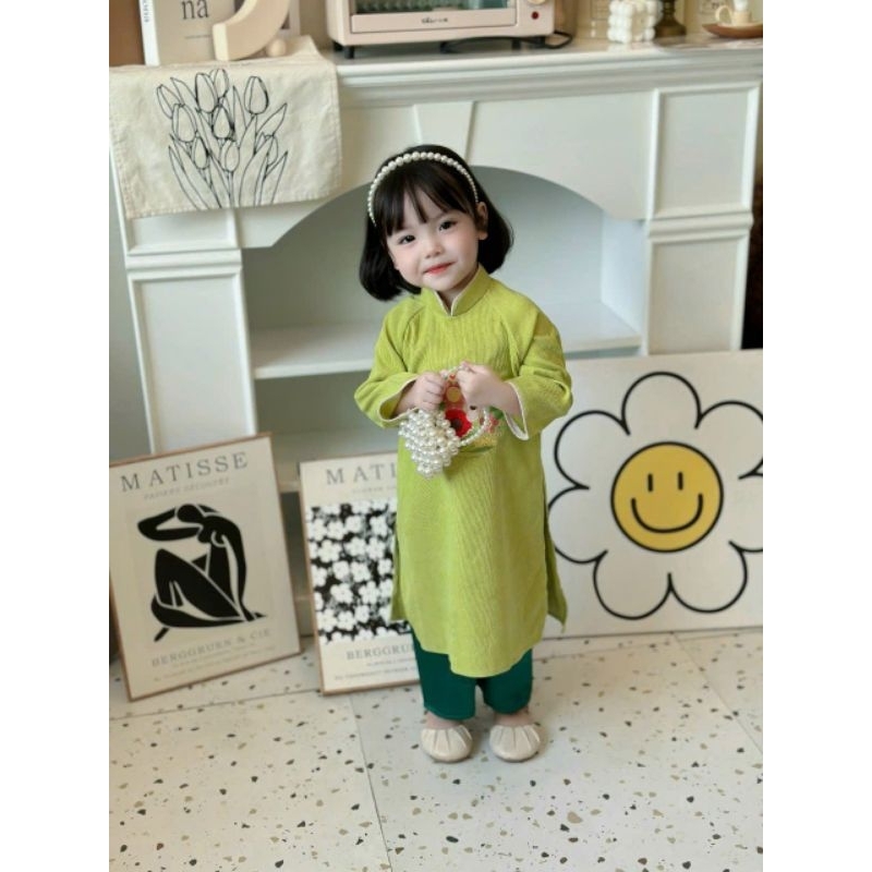 Set áo dài bé gái chất Nhung thêu hoa ngực cực xinh