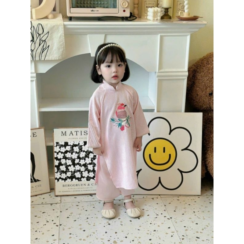 Set áo dài bé gái chất Nhung thêu hoa ngực cực xinh