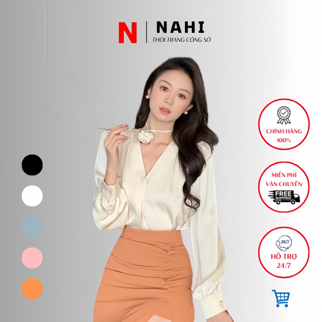 Áo lụa cổ V Nahi.vn SA01 phụ kiện hoa lụa cao câp Thời trang mới nhất 2023