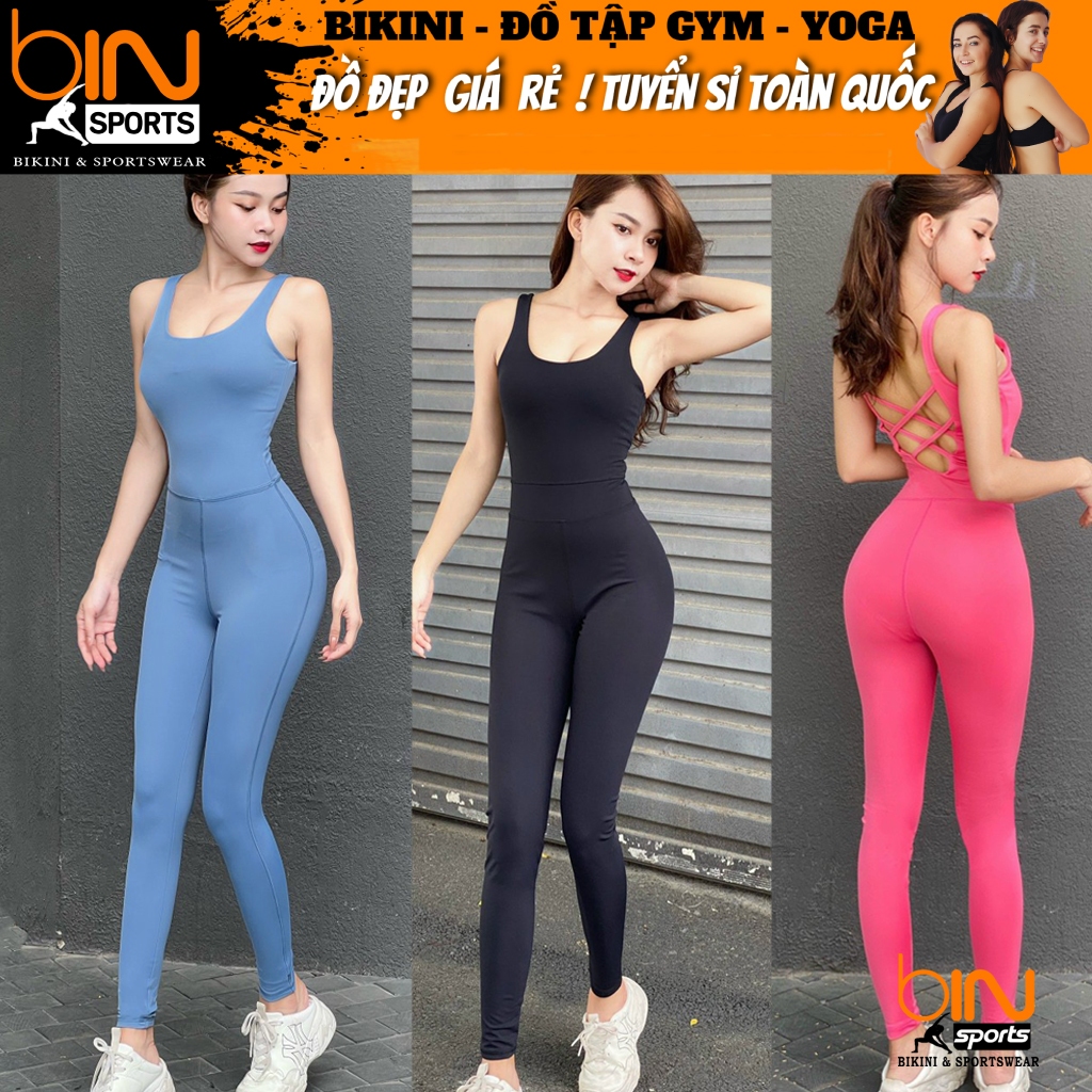 Bộ đồ tập gym yoga aerobic thể thao nữ jumpsuit kèm mút và quần dài chất liệu thun poly v2 BINSPORTS BD160