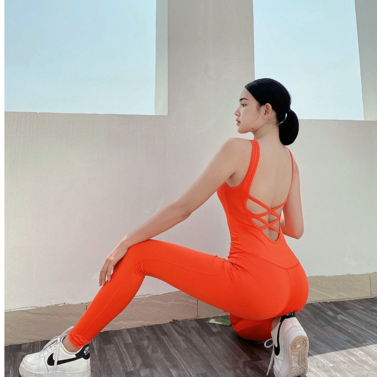 Bộ đồ tập gym yoga aerobic thể thao nữ jumpsuit kèm mút và quần dài chất liệu thun poly v2 BINSPORTS BD160