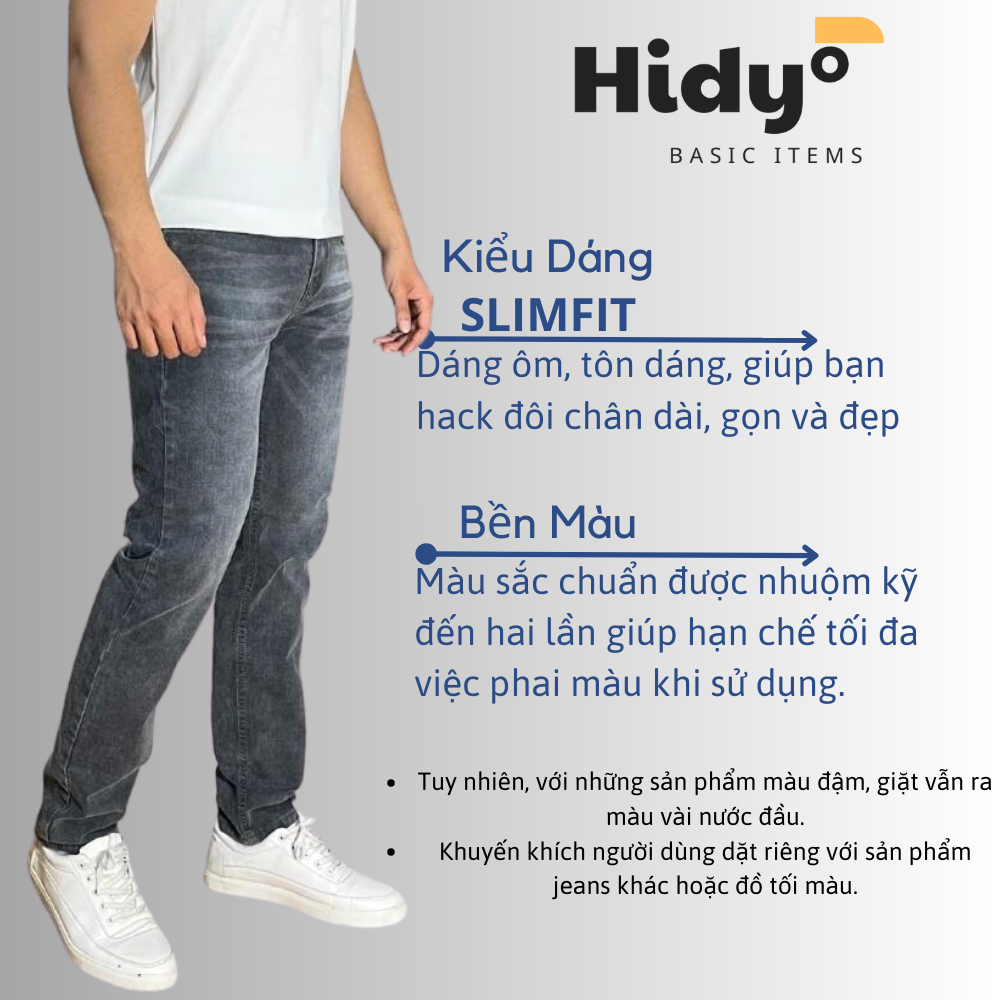 Quần Jeans dài nam Hidy màu xám râu mèo mới lạ co dãn form SlimFit