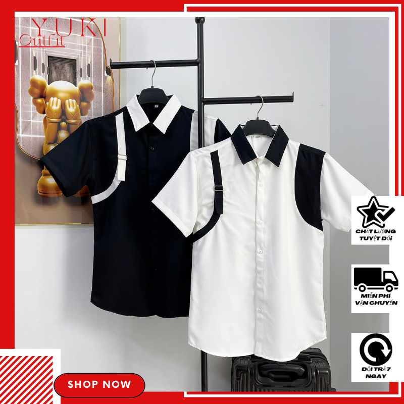 Áo sơ mi tay ngắn chất lụa cotton cao cấp phối hai màu trắng đen kèm dây kéo vải sang trọng form chuẩn đẹp YUKI OUTFIT