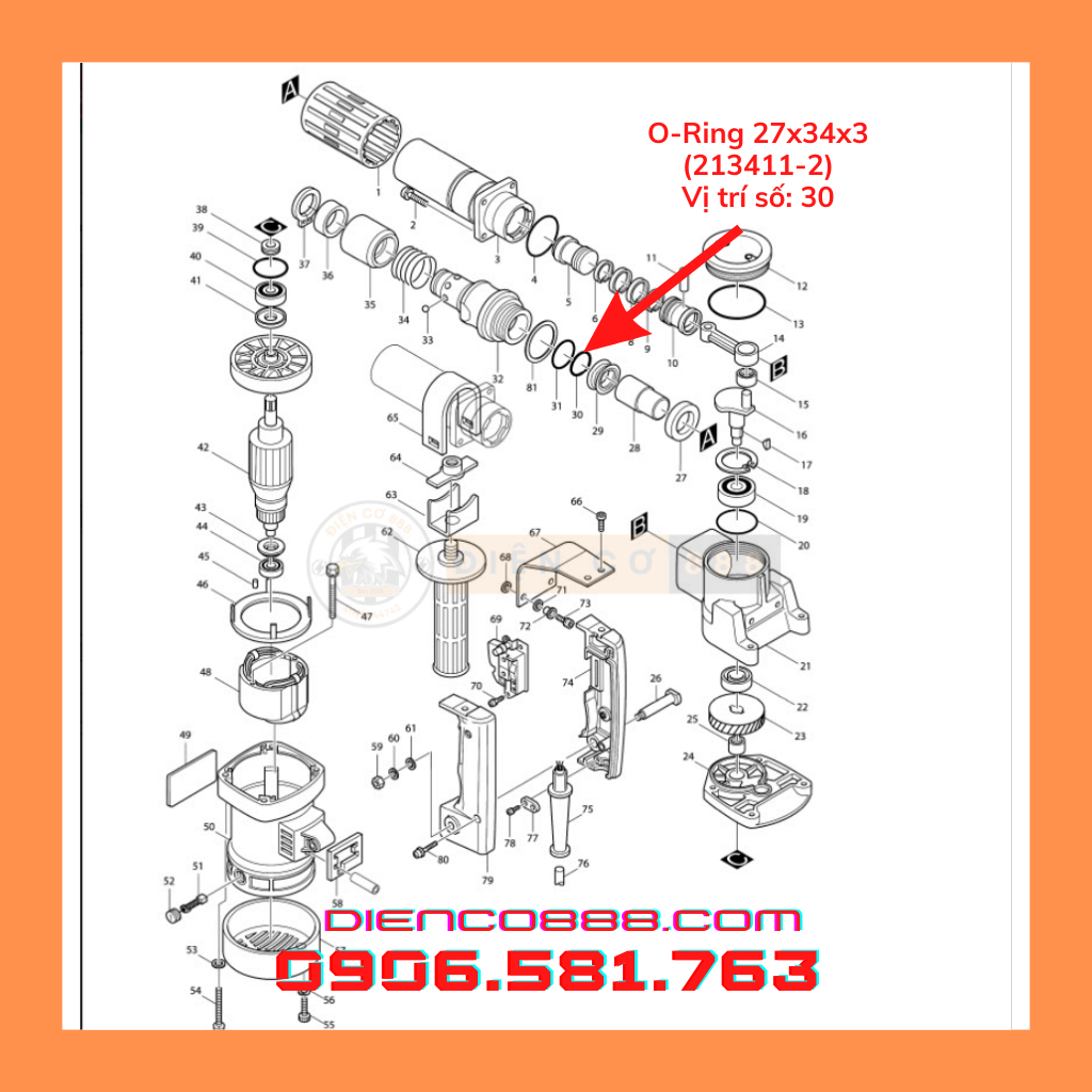 Roăng nòng đục Makita 0810, 0835, 0837, MT860 loại tròn 27x34x3 hoặc vuông 28x35x4