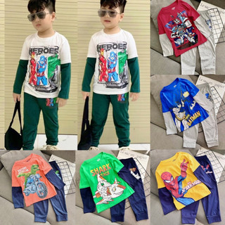 (12-45kg Bộ tay dài bé trai, thun cotton xuất size nhí đại in hình siêu đẹp 190