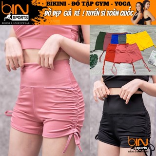 Quần đùi nữ tập gym yoga aerobic thể thao dây rút cạp cao chất liệu thun poly co dãn 4 chiều BINSPORTS Q075
