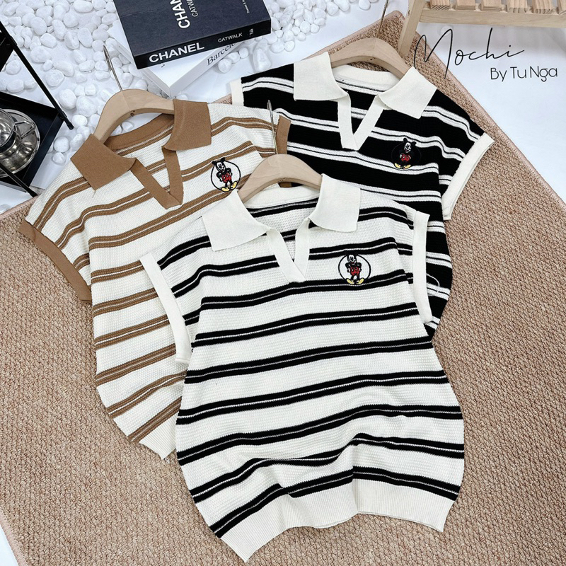 Áo len cổ bẻ kẻ ngang, len gạo thêu hình Mickey cực xinh 394