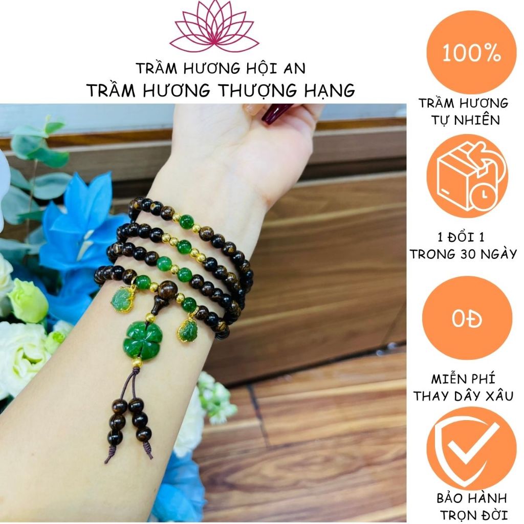 Vòng tay trầm hương sánh chìm 6 ly 108 hạt mix đá cao cấp màu xanh kèm vàng 10 ka, dành cho nữ.