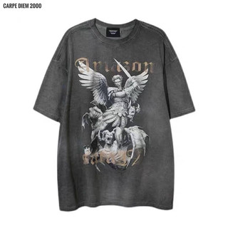 “Heaven&Hell” Wshd T-shirt - Áo phông vải washed đen xám in hình thiên thần và ác quỷ phong cách phục hưng