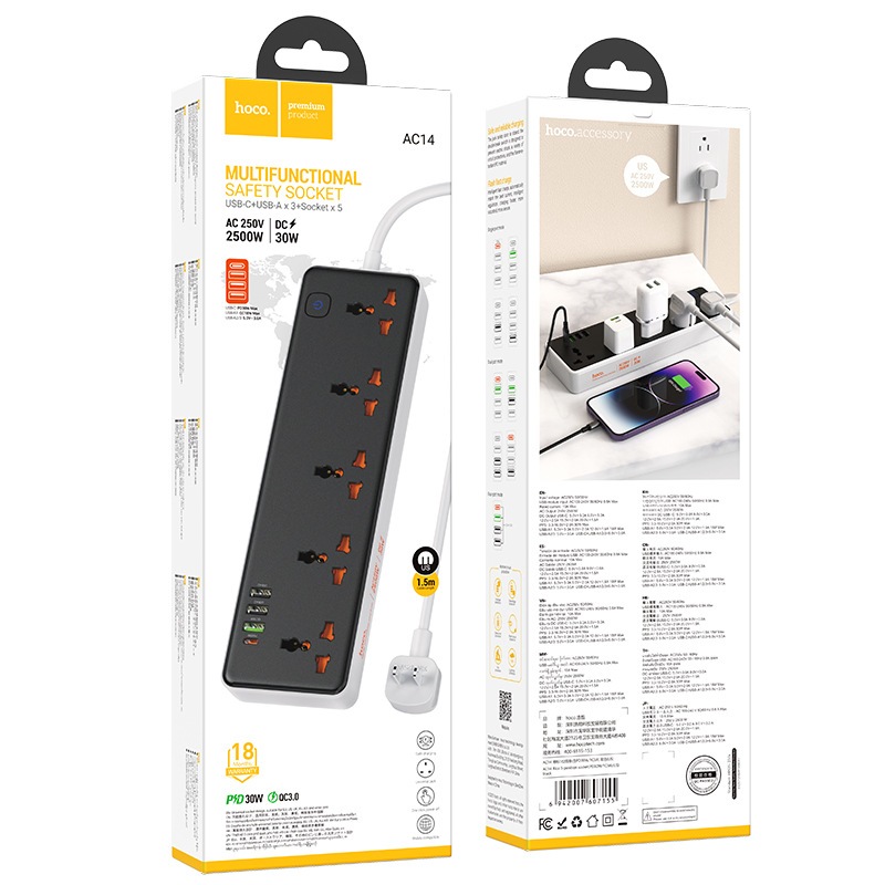 Ổ cắm điện đa năng Hoco AC14 sạc nhanh PD 30W cổng typeC + QC18W có 3*USB và 1*Type-C có 5 lỗ cắm tải 2500W dây dài 1.5m