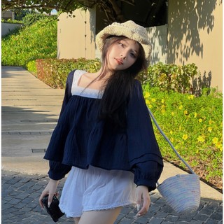 Bleubird áo tơ viền ren dáng xòe maki top