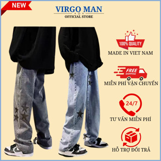  Quần jean baggy nam dáng suông rộng in hình ngôi sao cá tính cực chất - Quần baggy nam chất bò ống rộng dáng đứng in sao 