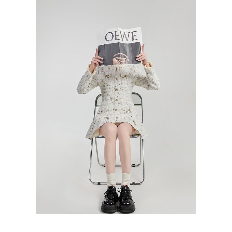 🌷 Váy vest dạ tweed Váy dạ tweed kiểu Pháp cúc đồng dài tay thu đông