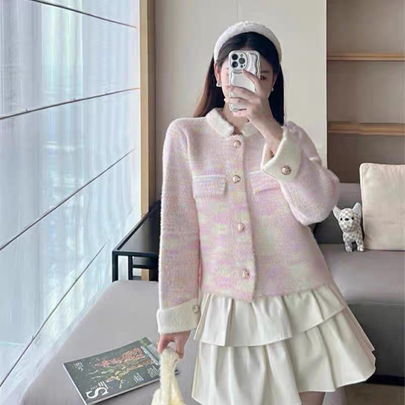 [SẴN] Áo khoác len nữ lông thỏ, áo khoác cardigan nữ màu hồng cổ trụ quý tộc sang chảnh EMOLY.VN - 230